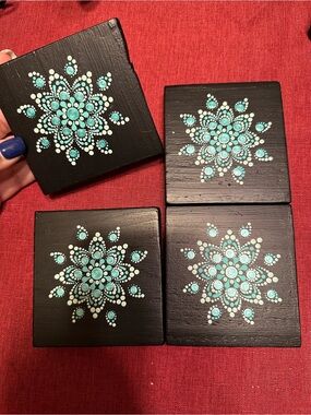Wooden Hand-Painted Black Coaster Set with Turquoise Dot Mandala Design